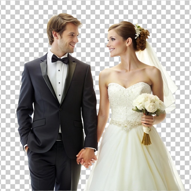 PSD sweet married couple posing holding a white bouquet