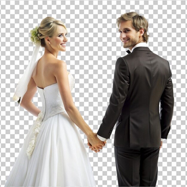 PSD sweet married couple posing holding a white bouquet