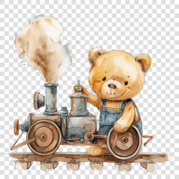 sweet mechanic male teddy bear operating a train watercolor nurseryon transparent background