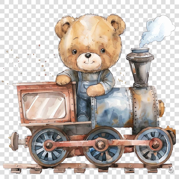 sweet mechanic male teddy bear operating a train watercolor nurseryon transparent background