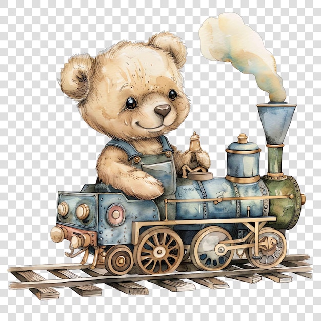 sweet mechanic male teddy bear operating a train watercolor nurseryon transparent background