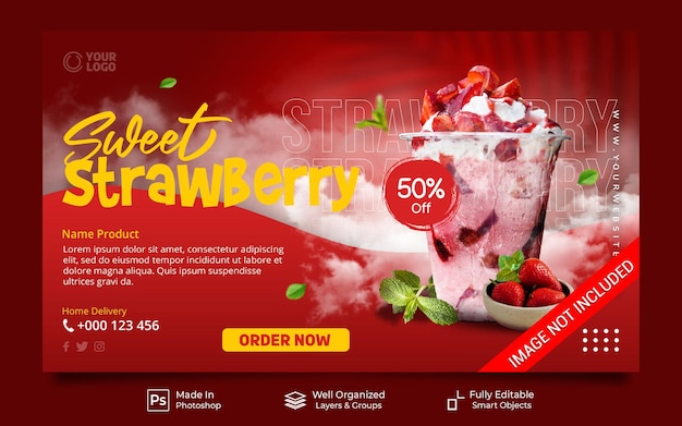 Sweet strawberry drink menu restaurant for promotion website banner template