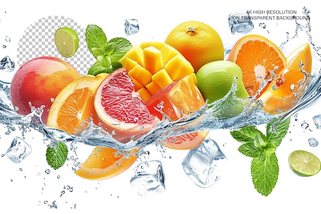 Swirling Water Flow With fruits on transparent background