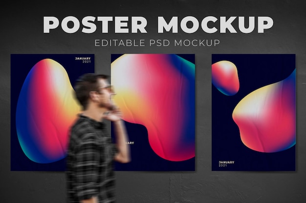 Swiss design poster mockups on a gray wall