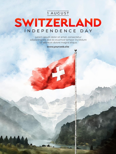 PSD swiss independence day poster template with swiss flag background in watercolor style