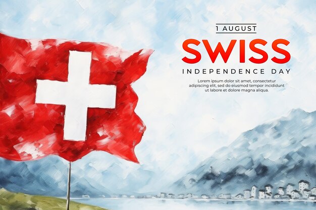 Swiss independence day poster template with swiss flag background in watercolor style