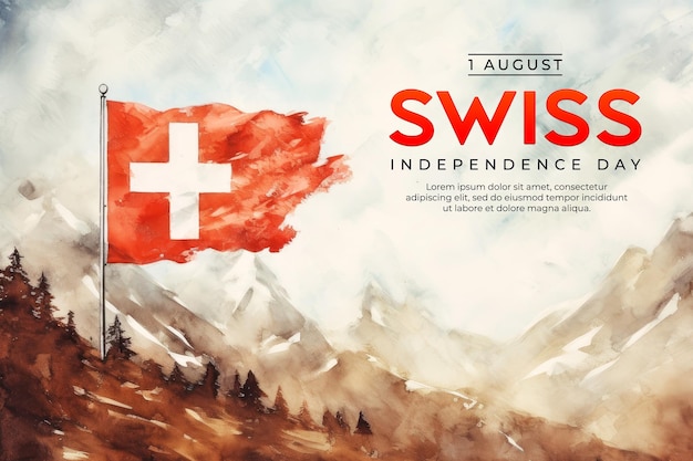 Swiss independence day poster template with swiss flag background in watercolor style