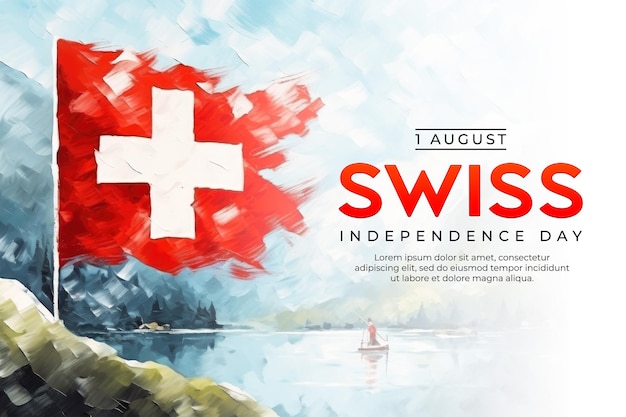 PSD swiss independence day poster template with swiss flag background in watercolor style