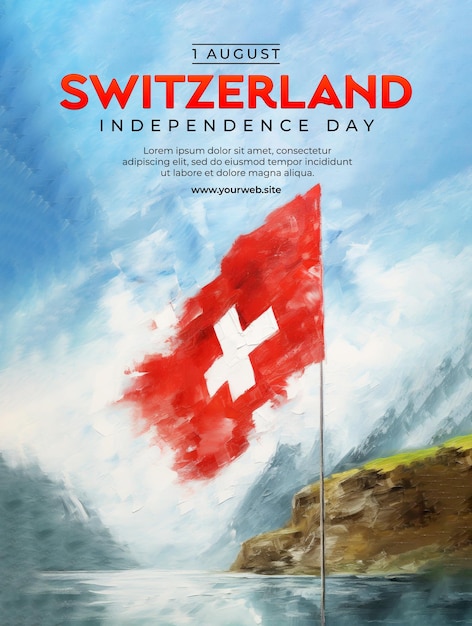 Swiss independence day poster template with swiss flag background in watercolor style