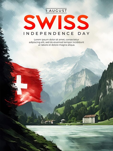 PSD swiss independence day poster template with swiss flag background in watercolor style