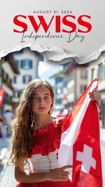 PSD swiss independence day template poster of a girl with a swiss flag cross on her chest