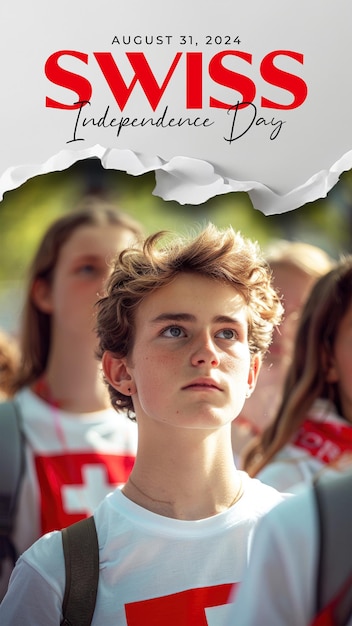 PSD swiss independence day template poster of a girl with a swiss flag cross on her chest