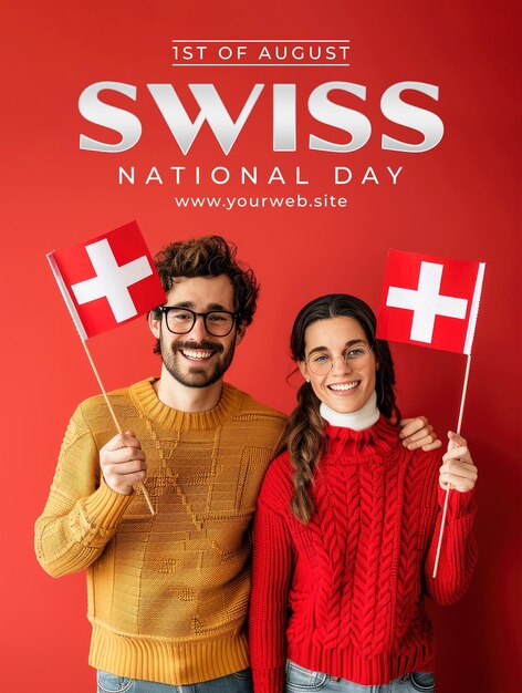 swiss man and woman holding swiss flag smile