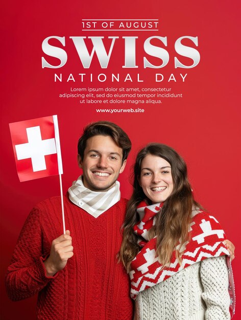 swiss man and woman holding swiss flag smile