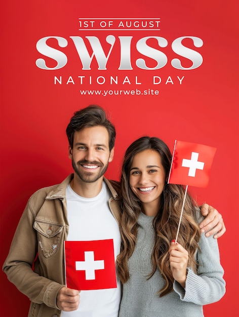 swiss man and woman holding swiss flag smile