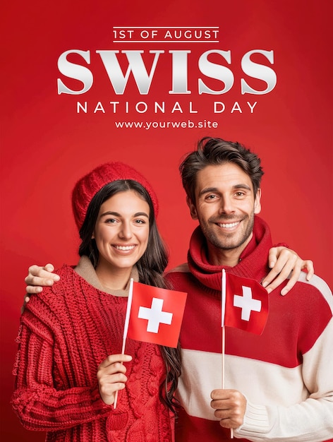 swiss man and woman holding swiss flag smile