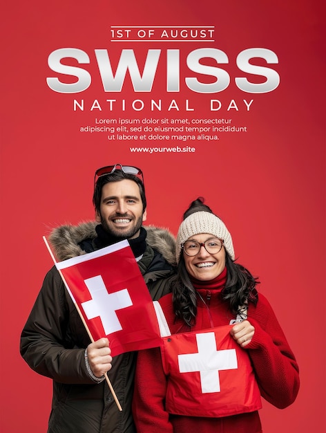 swiss man and woman holding swiss flag smile