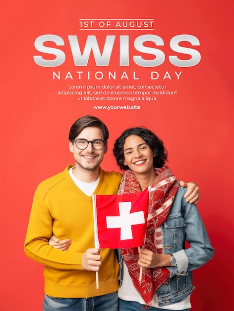 swiss man and woman holding swiss flag smile