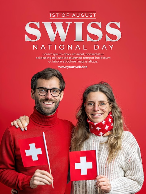 swiss man and woman holding swiss flag smile