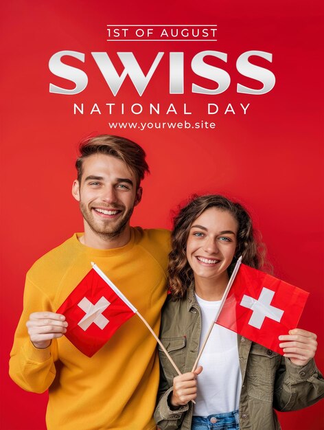 swiss man and woman holding swiss flag smile