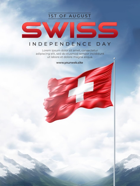 PSD swiss national day template poster with swiss flag background in watercolor style