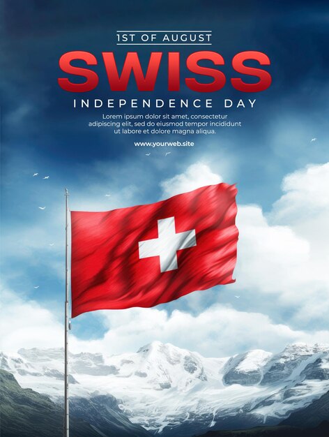 PSD swiss national day template poster with swiss flag background in watercolor style