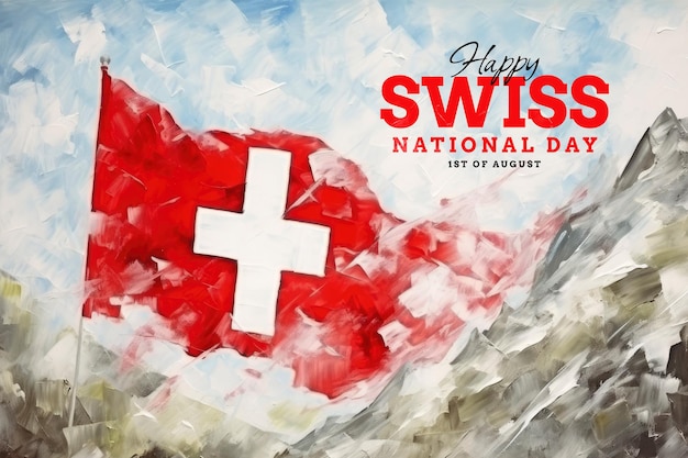 Swiss national day template poster with Swiss flag background in watercolor style