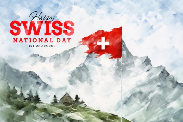 Swiss national day template poster with Swiss flag background in watercolor style