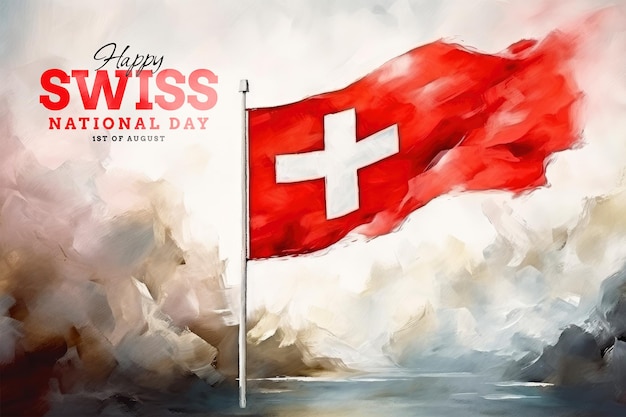 Swiss national day template poster with Swiss flag background in watercolor style