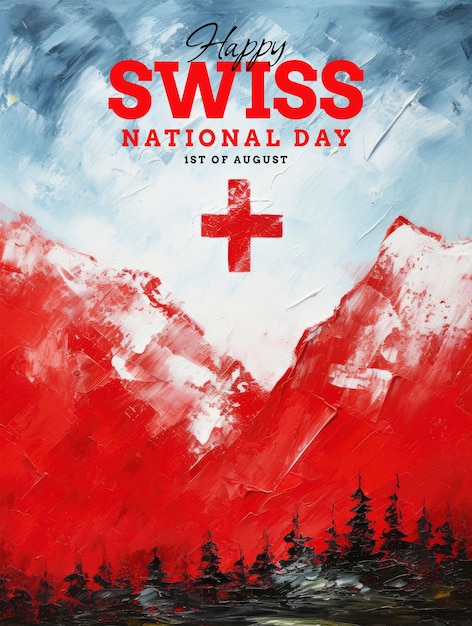 PSD swiss national day template poster with swiss flag background in watercolor style