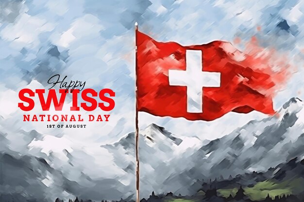 PSD swiss national day template poster with swiss flag background in watercolor style