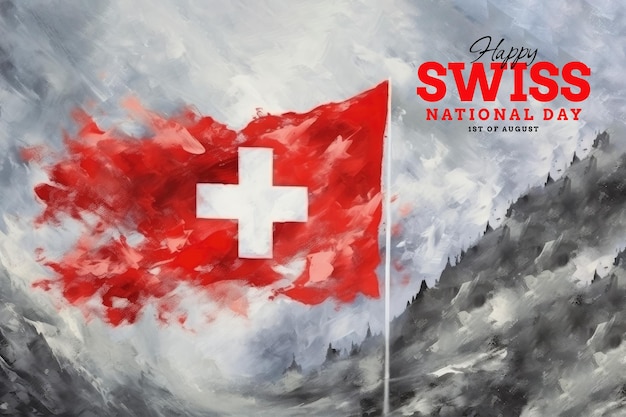 Swiss national day template poster with Swiss flag background in watercolor style