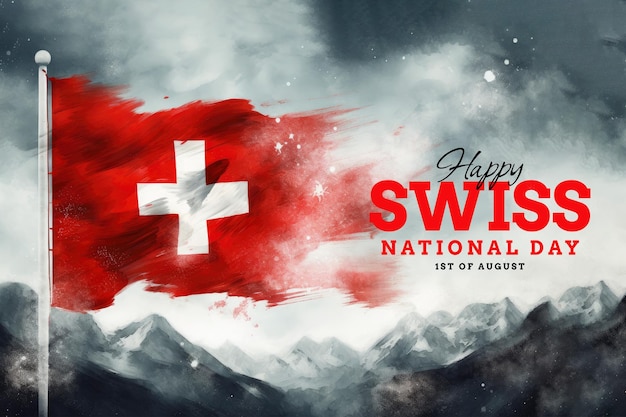 Swiss national day template poster with Swiss flag background in watercolor style