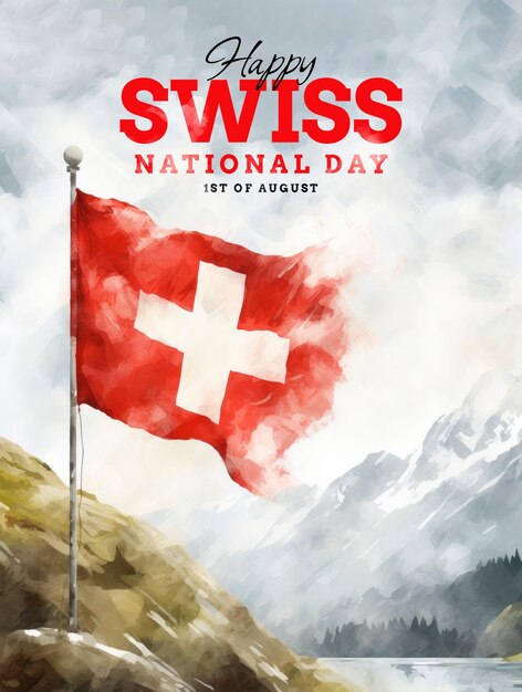 Swiss national day template poster with Swiss flag background in watercolor style