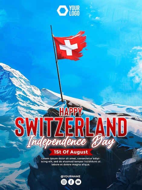 PSD switzerland independence day poster with flag and mountain peak background