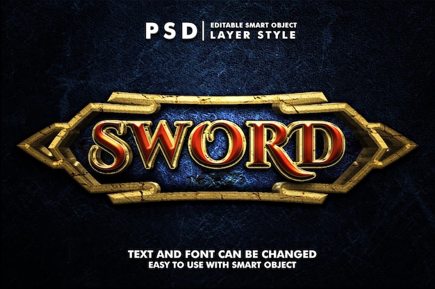 Sword 3d text effect for gaming mobile premium psd