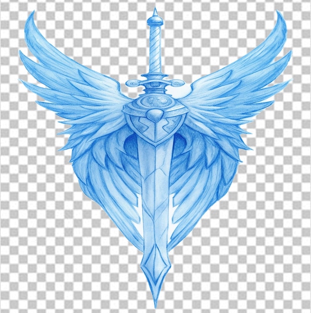 PSD a sword flanked by two large data wings on white background