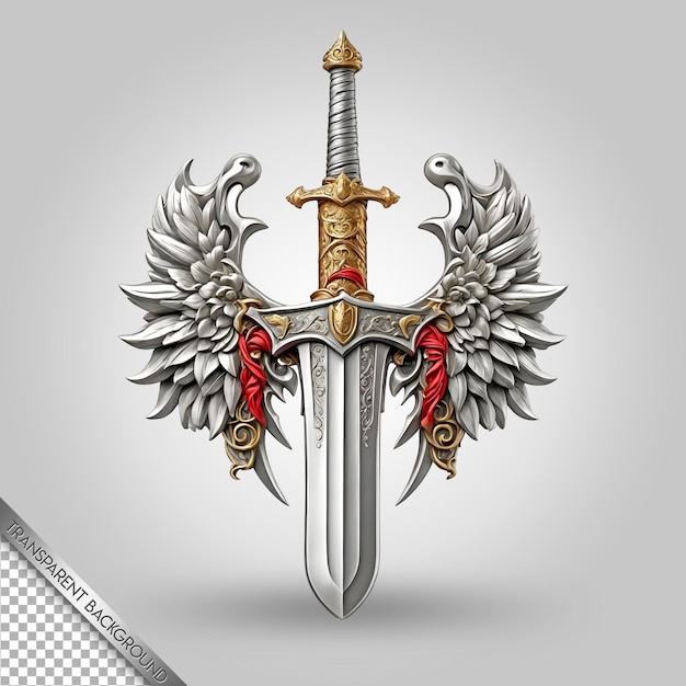 a sword with a red and gold wings and a red and gold wings