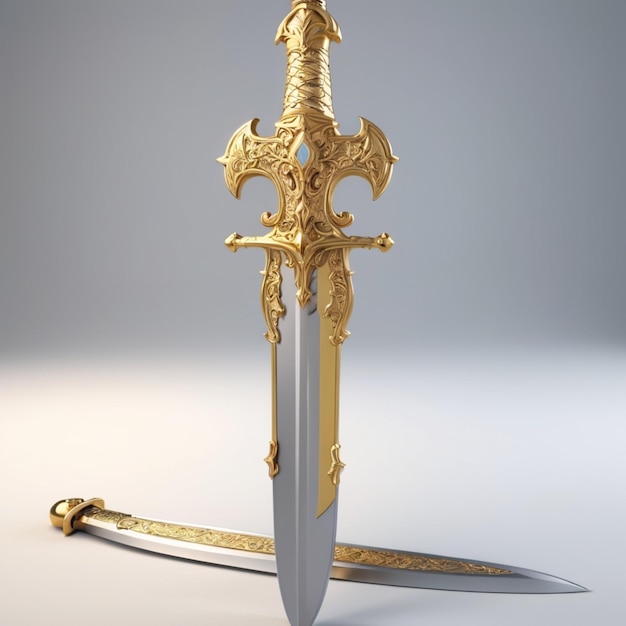 a sword with a red handle and gold crown