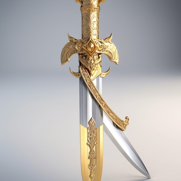 a sword with a red handle and gold crown