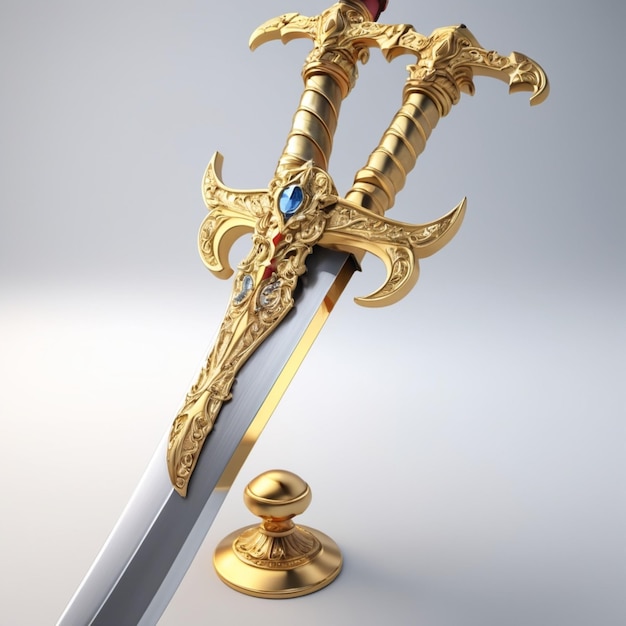 a sword with a red handle and gold crown