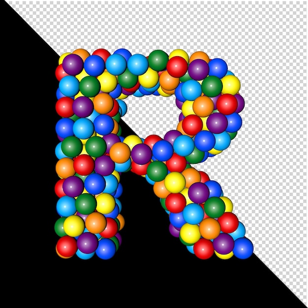 Symbol from the collection of letters made of balls of rainbow colors on a transparent background. 3d capital letter R