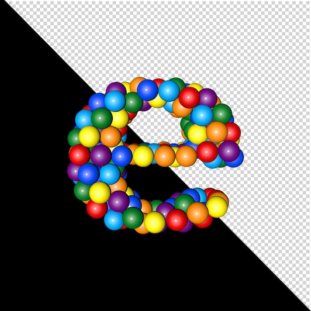 Symbol from the collection of letters made of balls of rainbow colors on a transparent background. 3d letter e