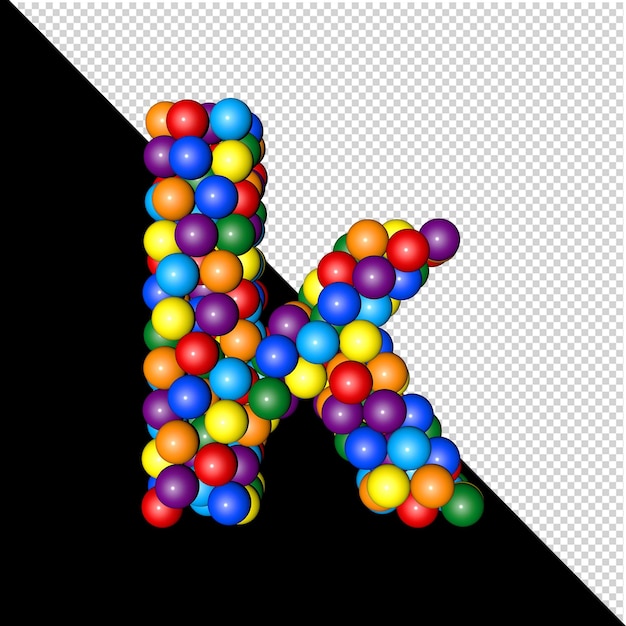 Symbol from the collection of letters made of balls of rainbow colors on a transparent background. 3d letter k