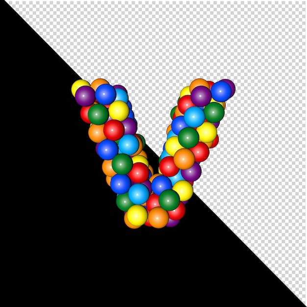 Symbol from the collection of letters made of balls of rainbow colors on a transparent background. 3d letter v