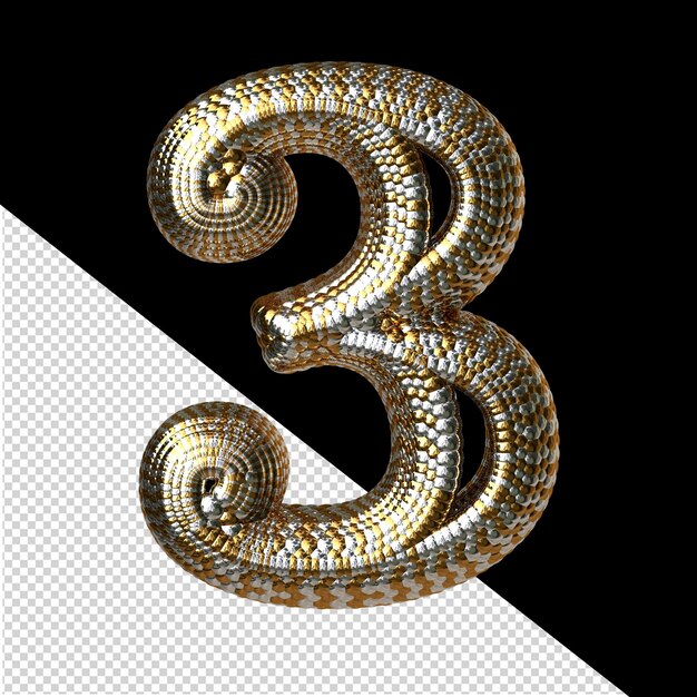 PSD symbol made of gold and silver like the scales of a snake number 3