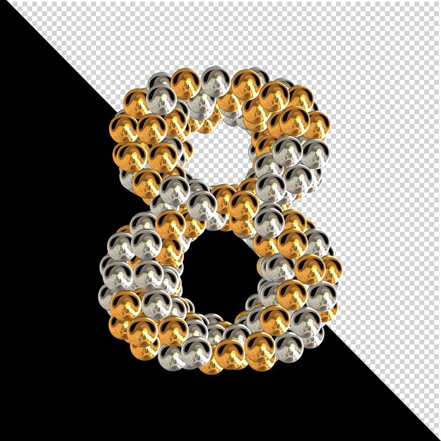 Symbol made of gold and silver spheres on a transparent background. 3d number 8