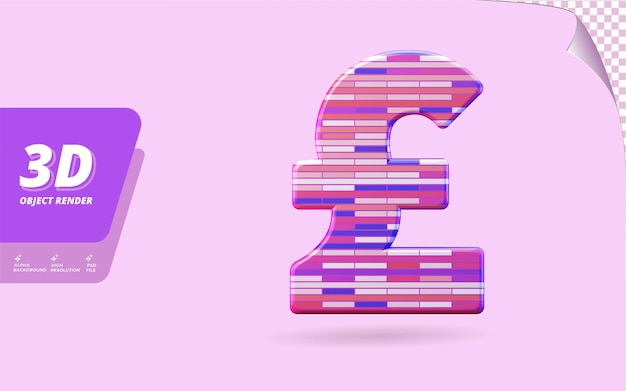 PSD symbol pound sterling in 3d render isolated with abstract metallic colorful brick texture design illustration