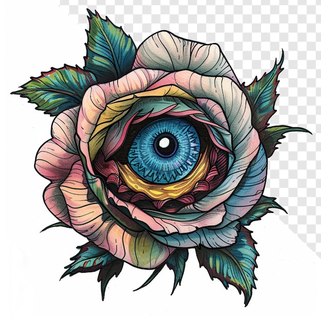 PSD synthwave colored eyeball inside rose tattoo drawing with transparent backgroundpsd