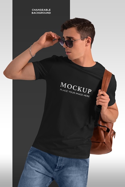 T-shirt mockup isolated man with backpack and sunglasses on changeable background